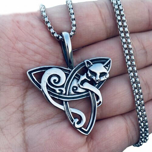 Womens Trinity Knot Kitty Cat Pendant Necklace Chain Set