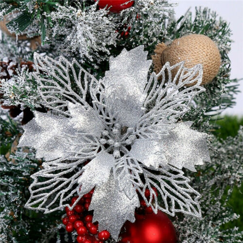 Glitter Christmas Poinsettia Hanging Flowers Xmas Party Tree Decoration