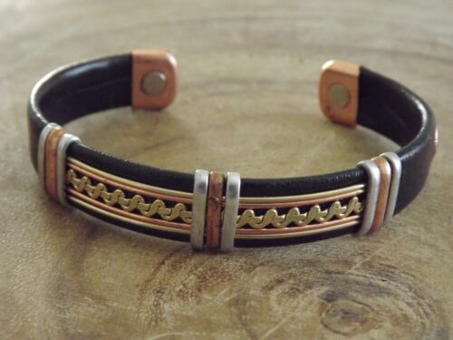 Solid Copper Leather Wrapped Magnetic Bracelet Men Women Energy Jewelry