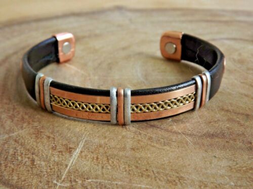 Solid Copper Leather Wrapped Magnetic Bracelet Men Women Energy Jewelry