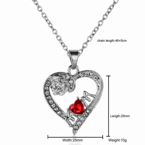Valentine's Day Gift For Mom Women Red Rose Crystal Heart Necklace Pendant