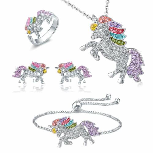 Unicorn Jewelry Set Rainbow Rhinestone Crystal Necklace, Bracelet, Earring,Ring