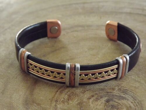 Solid Copper Leather Wrapped Magnetic Bracelet Men Women Energy Jewelry