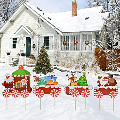 4 Pack Christmas Train Outdoor Lawn Yard Signs Stakes Xmas Outdoor Decorations