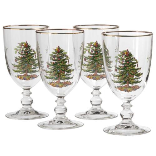 Christmas Tree 16 Ounces Pedestal Goblets with Gold Rims, Set of 4