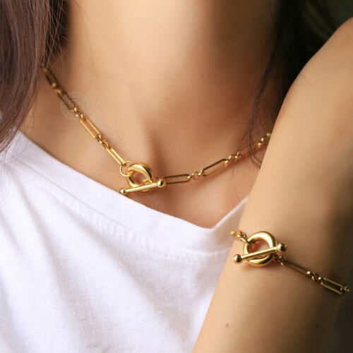 Womens Gold Cable Chain Choker Necklace Bracelet Jewelry Set Stainless Steel