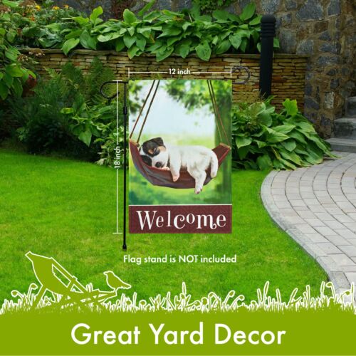 Garden Flag Decoration Sleeping Puppy and Welcome Quote 12"x18"