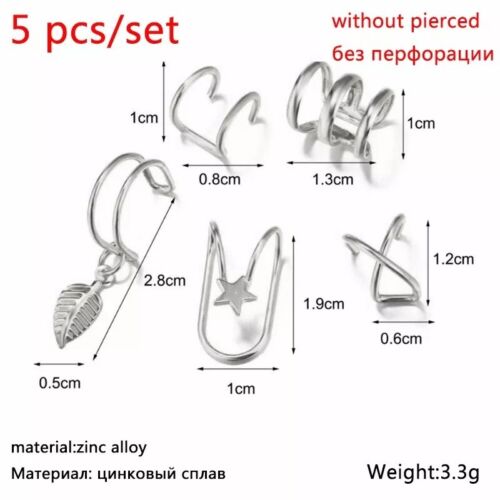 5pc Gold Silver Color Metal Ear Cuff Non-Piercing Ear Clips Earrings Jewelry