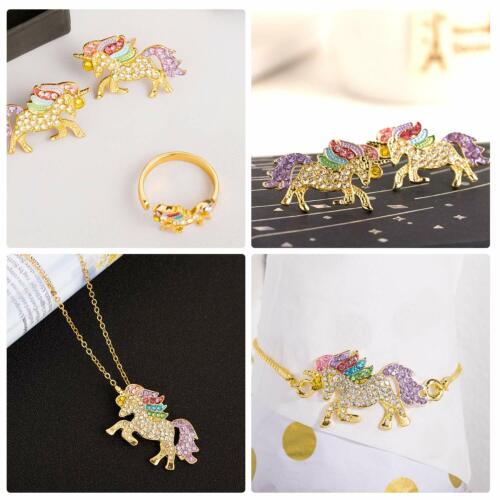 Unicorn Jewelry Set Rainbow Rhinestone Crystal Necklace, Bracelet, Earring,Ring