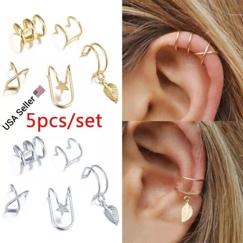 5pc Gold Silver Color Metal Ear Cuff Non-Piercing Ear Clips Earrings Jewelry