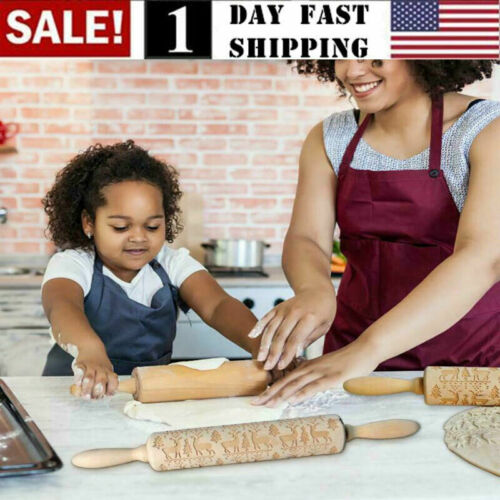 Christmas Wooden Rolling Pin DIY 3D Carved Embossing Roller Cookies Making USA