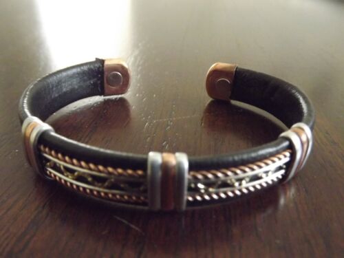 Solid Copper Leather Wrapped Magnetic Bracelet Men Women Energy Jewelry