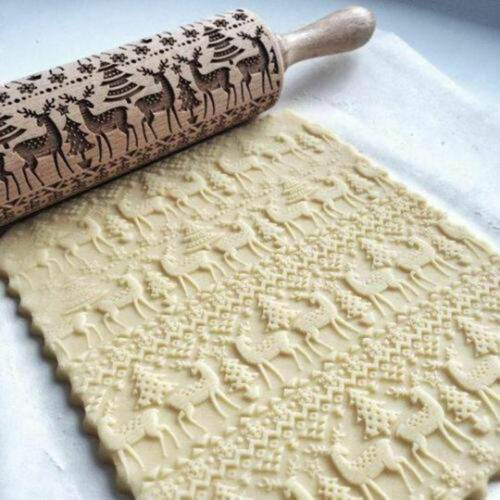 Christmas Wooden Rolling Pin DIY 3D Carved Embossing Roller Cookies Making USA