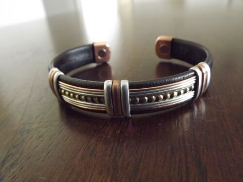 Solid Copper Leather Wrapped Magnetic Bracelet Men Women Energy Jewelry