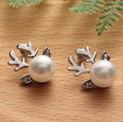 Women Fashion Jewelry Christmas Reindeer Rhinestone Pearl Earrings