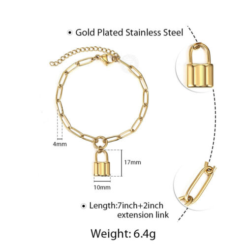 Womens Gold Stainless Steel Lock Charm Pendant Bracelet & Necklace Jewelry Set