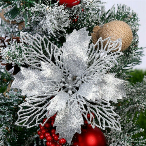 10Pcs Glitter Christmas Poinsettia Hanging Flowers Xmas Party Tree Decoration