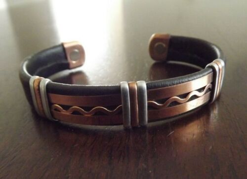 Solid Copper Leather Wrapped Magnetic Bracelet Men Women Energy Jewelry