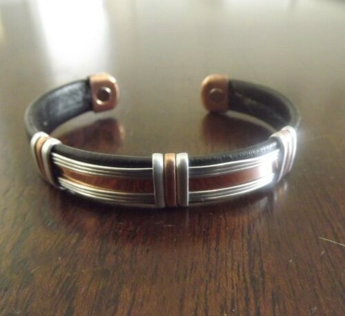 Solid Copper Leather Wrapped Magnetic Bracelet Men Women Energy Jewelry