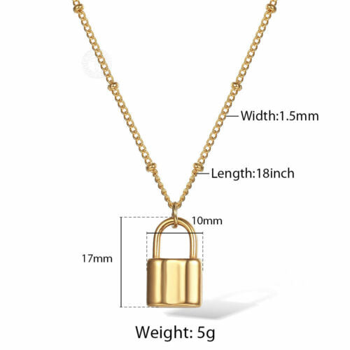 Womens Gold Stainless Steel Lock Charm Pendant Bracelet & Necklace Jewelry Set