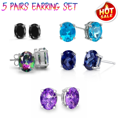 925 Sterling Silver Oval Stud Earrings Cubic Zirconia Women 5PC Earrings Set