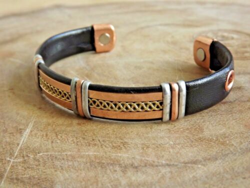 Solid Copper Leather Wrapped Magnetic Bracelet Men Women Energy Jewelry