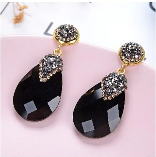 Stunning Black Glass Crystal Evening Party Dress Bridal Fashion Jewelry Earrings