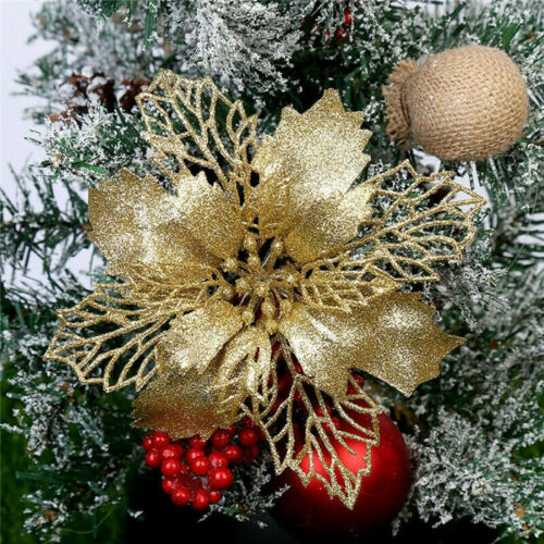 10Pcs Glitter Christmas Poinsettia Hanging Flowers Xmas Party Tree Decoration