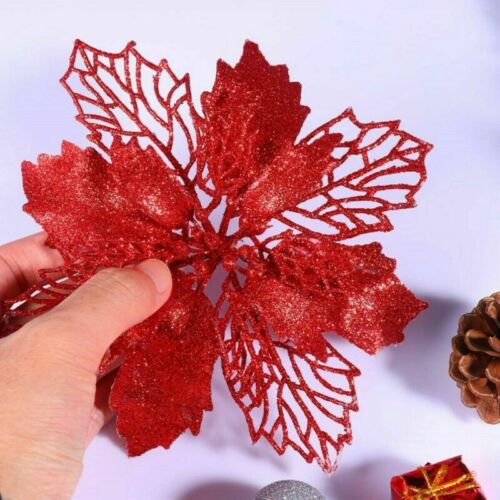 Glitter Christmas Poinsettia Hanging Flowers Xmas Party Tree Decoration