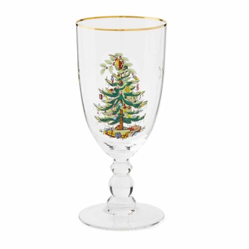 Christmas Tree 16 Ounces Pedestal Goblets with Gold Rims, Set of 4