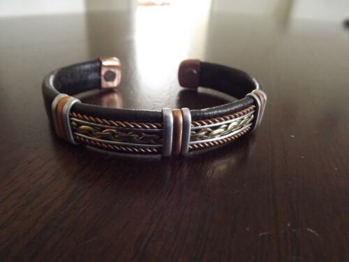 Solid Copper Leather Wrapped Magnetic Bracelet Men Women Energy Jewelry