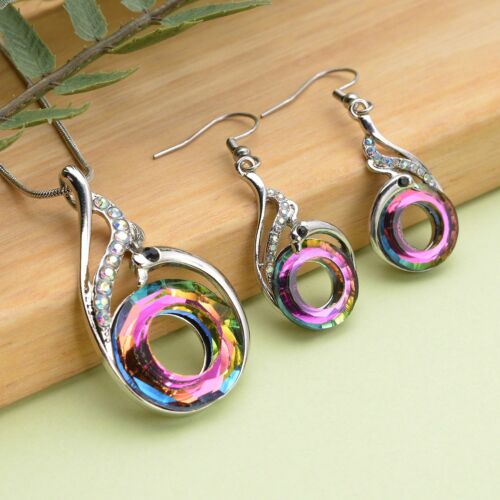 Magic Purple Glass Peacock Earrings for Women Pendant Necklace Jewelry Set