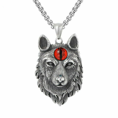 Mens Spiritual Evil Eye Wolf Head Pendant Necklace Stainless Steel Chain Gift