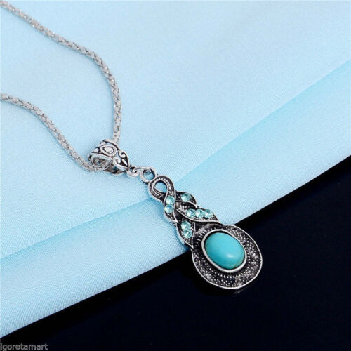 Necklace Pendant Chain Women Jewelry Fashion Crystal Turquoise Silver Vintage