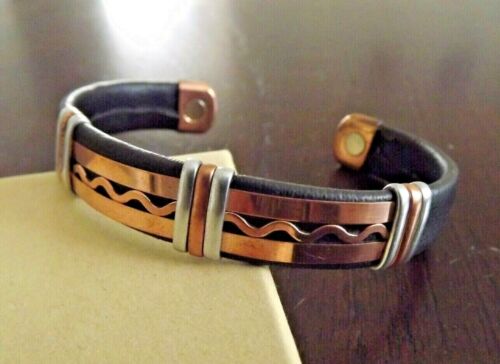 Solid Copper Leather Wrapped Magnetic Bracelet Men Women Energy Jewelry