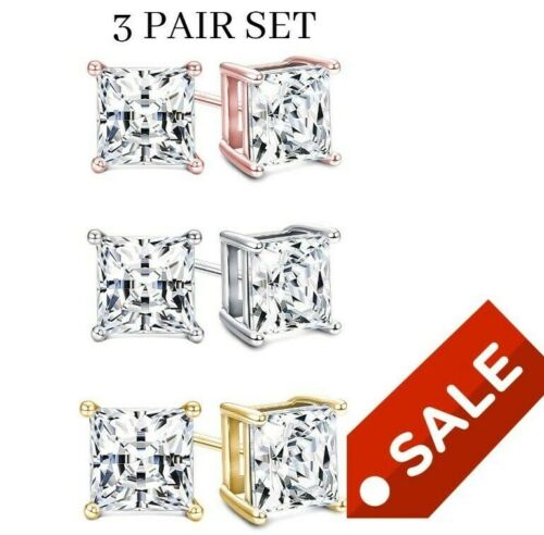 925 Sterling Silver Stud Earrings Cubic Zirconia Women 3PC Earrings Set