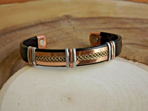 Solid Copper Leather Wrapped Magnetic Bracelet Men Women Energy Jewelry