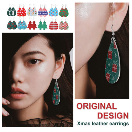 12 Pairs Christmas Faux Leather Teardrop Dangle Earrings Xmas Jewelry for Women