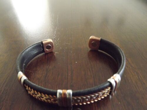 Solid Copper Leather Wrapped Magnetic Bracelet Men Women Energy Jewelry