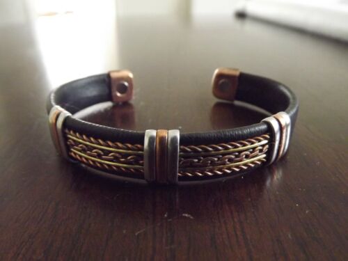 Solid Copper Leather Wrapped Magnetic Bracelet Men Women Energy Jewelry