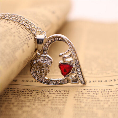 Valentine's Day Gift For Mom Women Red Rose Crystal Heart Necklace Pendant