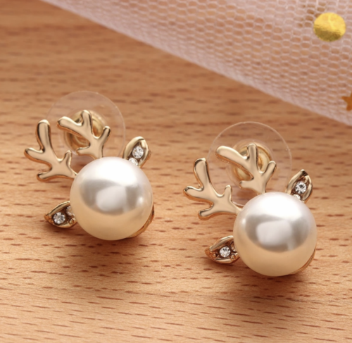 Women Fashion Jewelry Christmas Reindeer Rhinestone Pearl Earrings