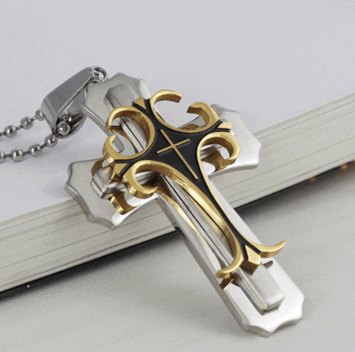 Cross Pendant Necklace Stainless Steel Crucifix Cuban Gold Black Men