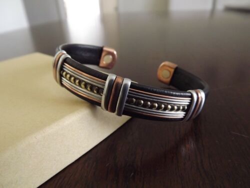 Solid Copper Leather Wrapped Magnetic Bracelet Men Women Energy Jewelry