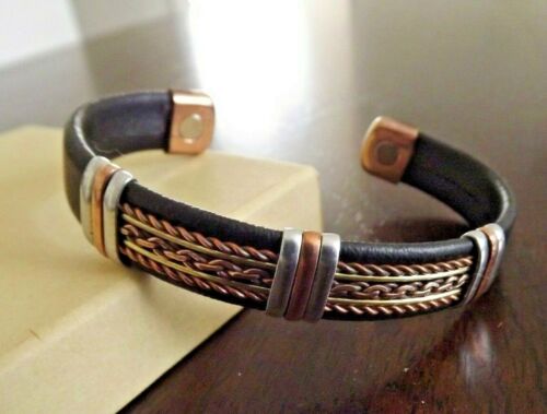 Solid Copper Leather Wrapped Magnetic Bracelet Men Women Energy Jewelry