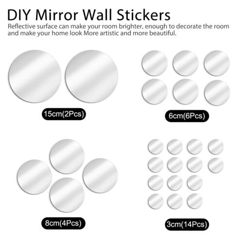 26Pcs Removable 3D Mirror Wall Stickers Round Decal Art