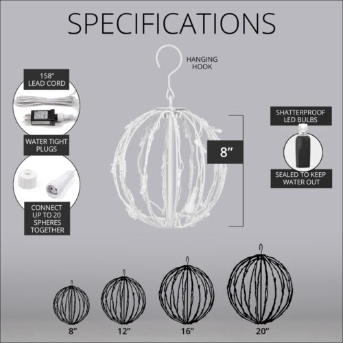 Hanging LED Light Balls Christmas Patio Garden Decoration White Frame, 6 Colors