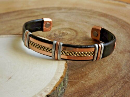 Solid Copper Leather Wrapped Magnetic Bracelet Men Women Energy Jewelry