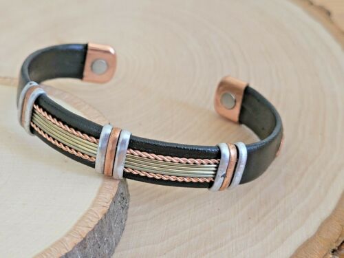 Solid Copper Leather Wrapped Magnetic Bracelet Men Women Energy Jewelry