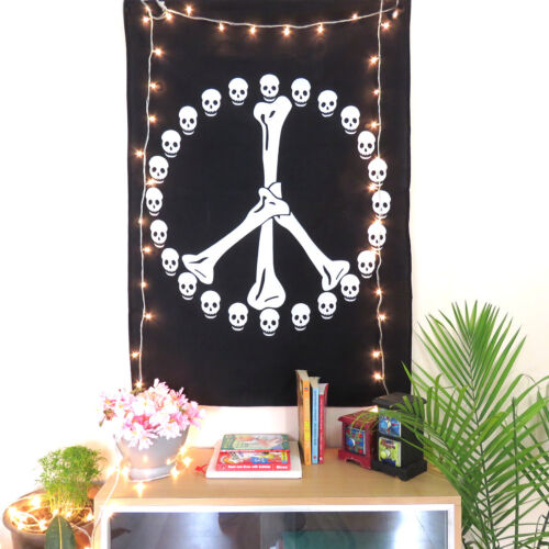 Peace Sign Skull Bones Black White Wall Poster Hippie Wall Decor Tapestry